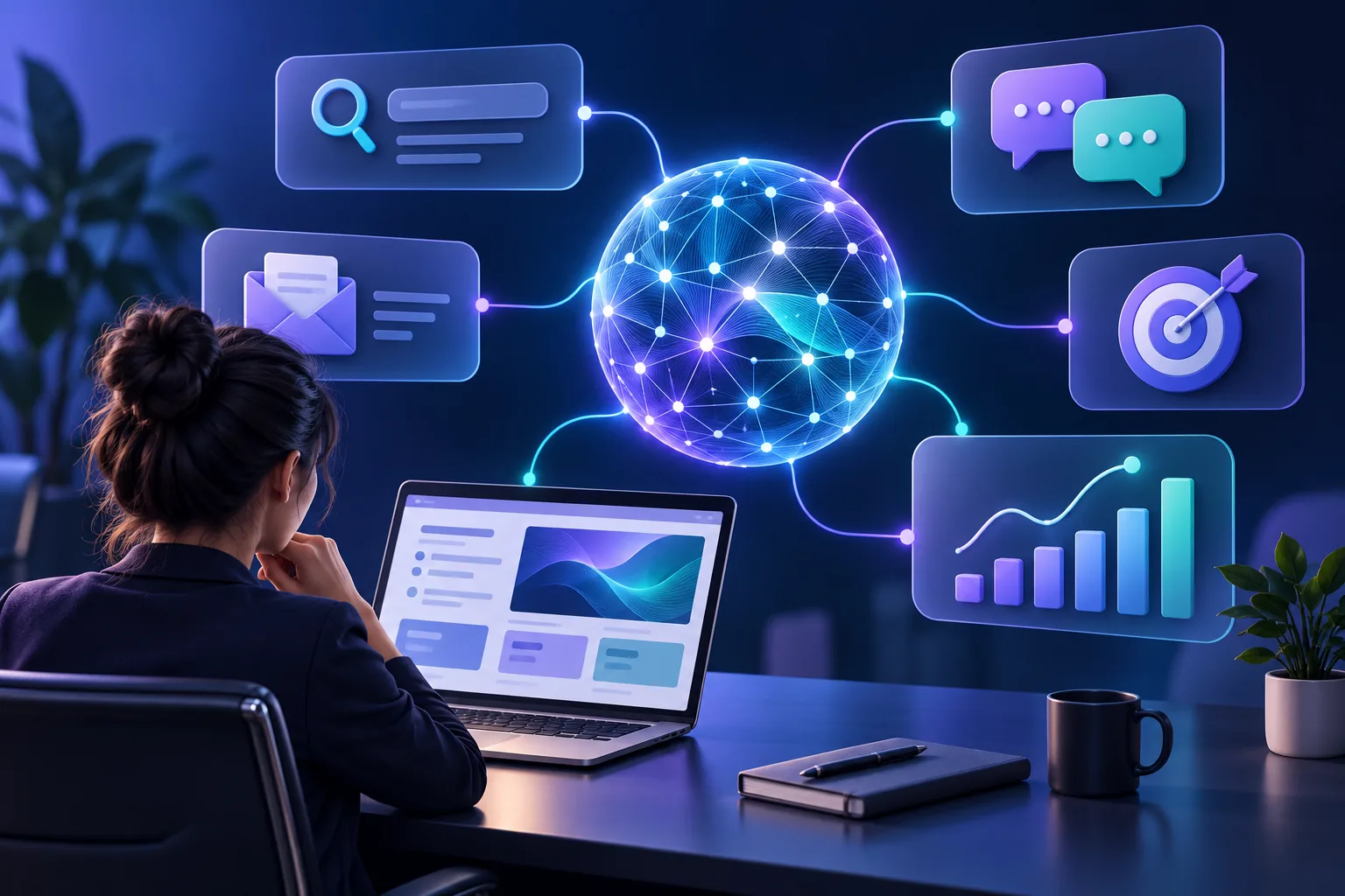 Marketer reviewing a laptop beside a glowing network sphere connected to search, email, chat, target, and chart icons.